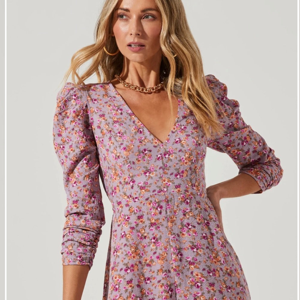 ASTR Puff Sleeve Purple Floral Midi Dress M